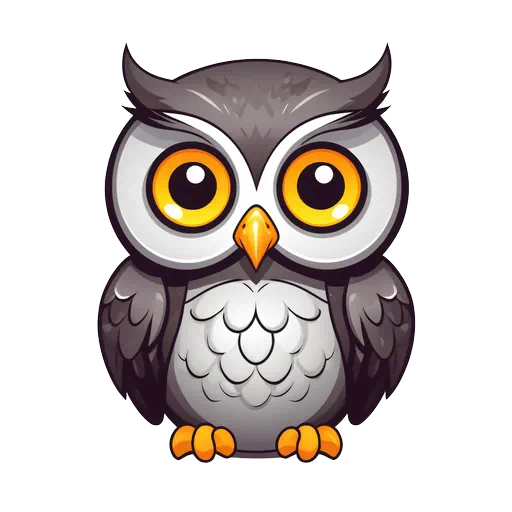 Cute cartoon grey owl with large glowing orange eyes and white belly in a Halloween clip art style.