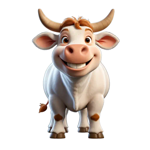Friendly 3D cartoon white bull with tan horns and brown spots, smiling broadly on a white background.