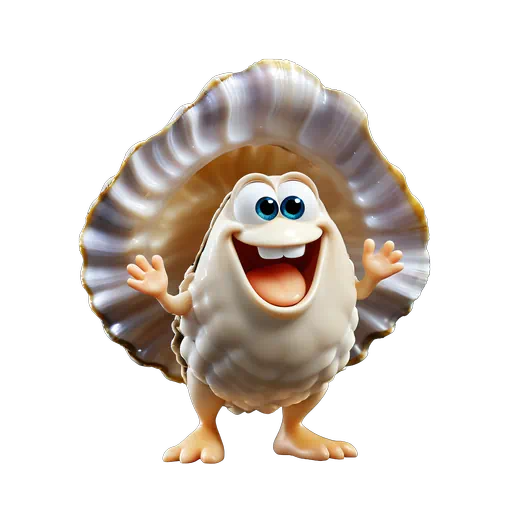 Happy 3D cartoon oyster character with a large iridescent shell, smiling with arms wide open on white background.