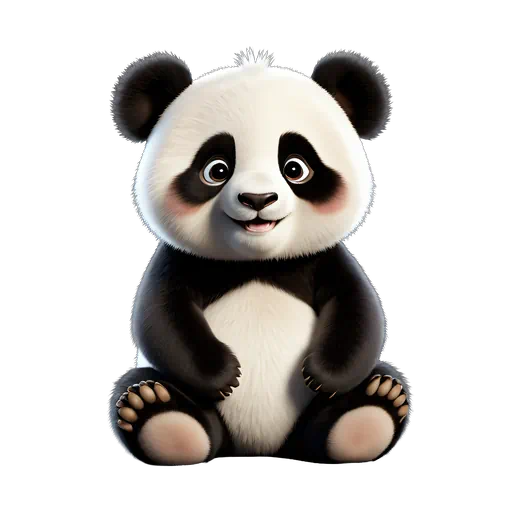 Adorable 3D animated baby panda bear with black and white fluffy fur, sitting and smiling.