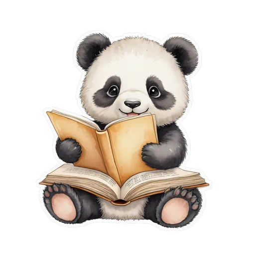 Cute watercolor panda bear sitting and reading an open vintage book with tan pages on a white background.