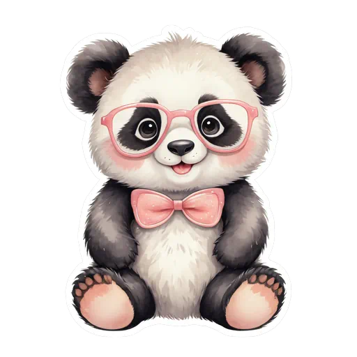 Cute watercolor baby panda sticker wearing oversized pink glasses and a pink bow tie with a white border.