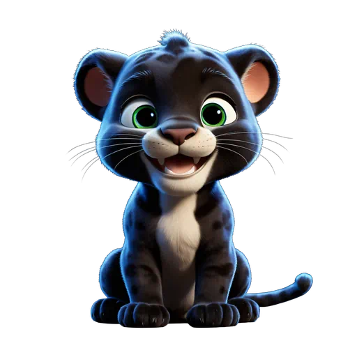 Adorable 3D cartoon black panther cub with large green eyes, smiling expression, and soft blue-black spotted fur.