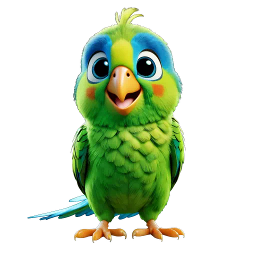 Adorable 3D cartoon green parakeet with blue eye patches and orange cheeks, stylized digital bird illustration.
