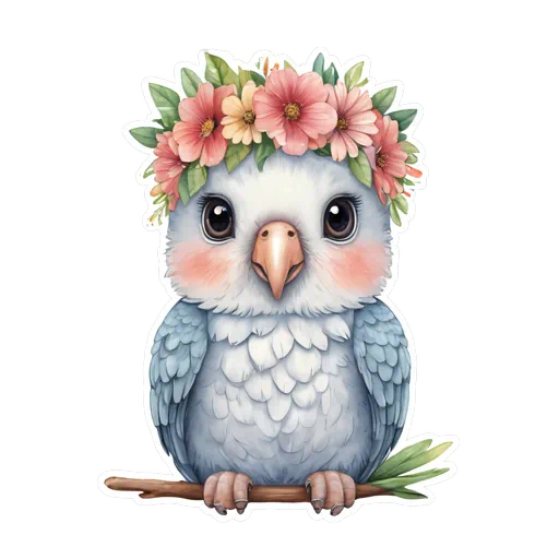 A cute blue baby parrot wearing a pink floral crown sitting on a branch, watercolor sticker style.