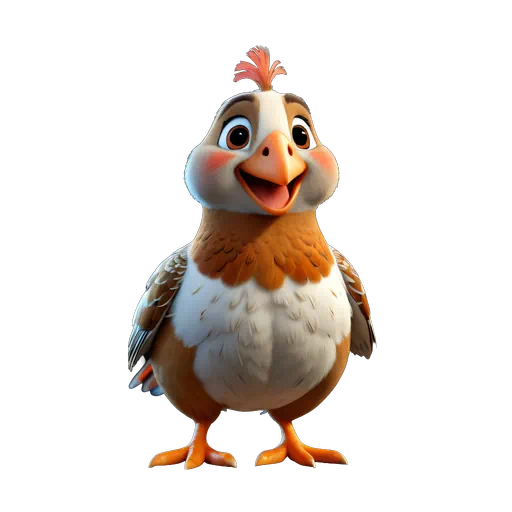 Cute 3D animated brown and white partridge character with orange beak, pink crest, and friendly smile.