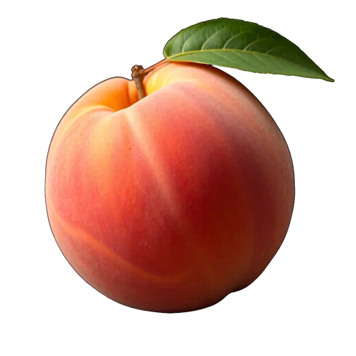 A whole ripe peach with fuzzy orange-red skin and a single green leaf, isolated on white background.