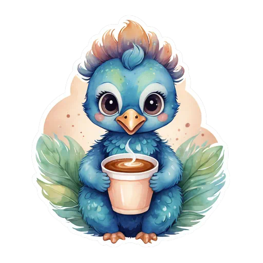 Cute blue watercolor baby peacock sticker holding a steaming coffee cup with tropical leaves background and white border.