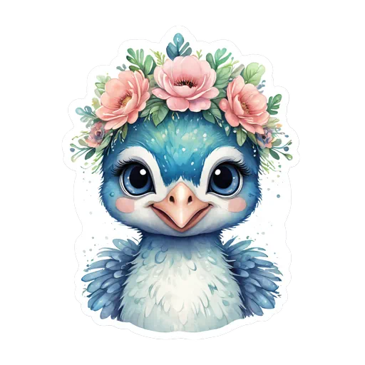 Cute blue baby peacock wearing a pink flower crown with large expressive eyes in a watercolor sticker style.