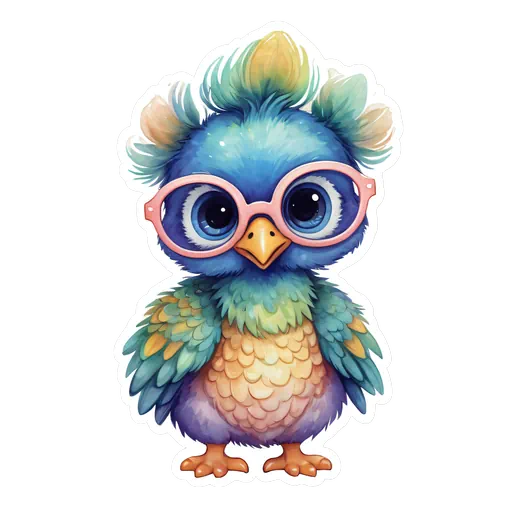 Cute watercolor baby peacock wearing oversized pink glasses with fluffy blue feathers and a white sticker border.