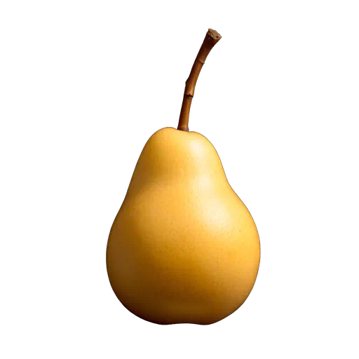 Single whole yellow pear with a brown stem, studio product shot on a plain white background.