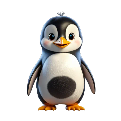 Cute 3D animated black and white penguin character with an orange beak and friendly eyes.