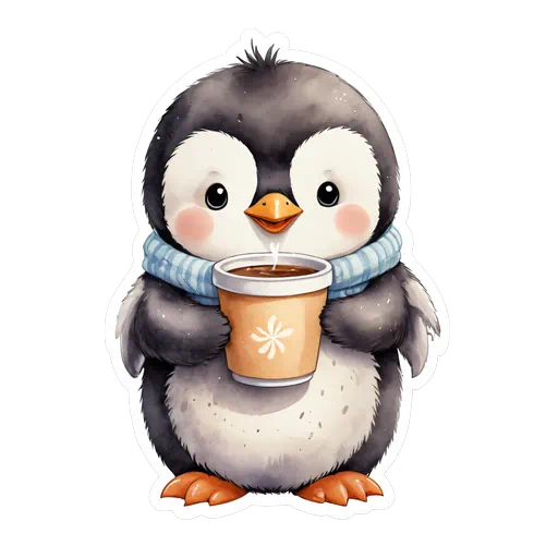 Cute watercolor baby penguin wearing a blue scarf and holding a warm coffee cup with a white border.