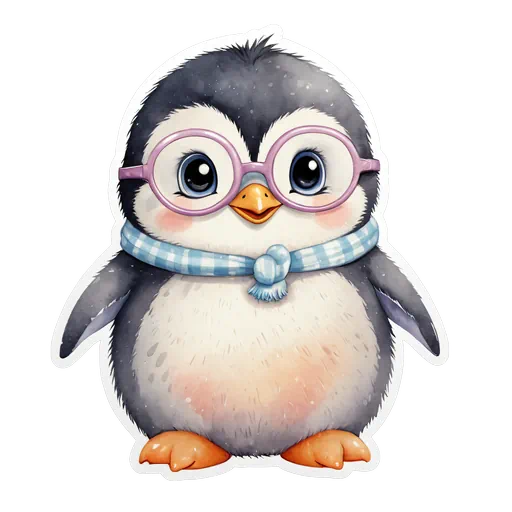 Cute watercolor baby penguin wearing large pink glasses and a blue plaid scarf against a white background.