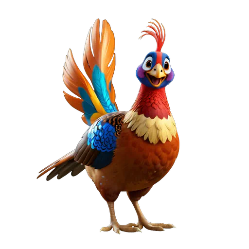 Colorful 3D animated pheasant character with vibrant orange, red, and blue plumage in a stylized digital art style.