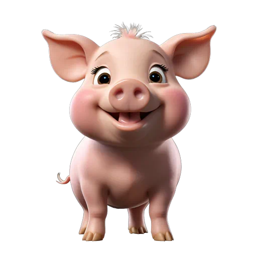 Adorable pink 3D cartoon pig with a happy expression and rosy cheeks, isolated on a white background.