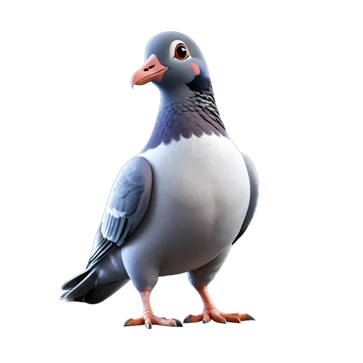 Stylized 3D illustration of a grey and white pigeon bird with a pink beak and cartoon features.