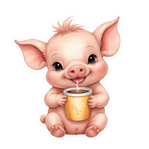 A cute pink cartoon piglet sitting and holding a yellow cup of steaming coffee in sticker style.