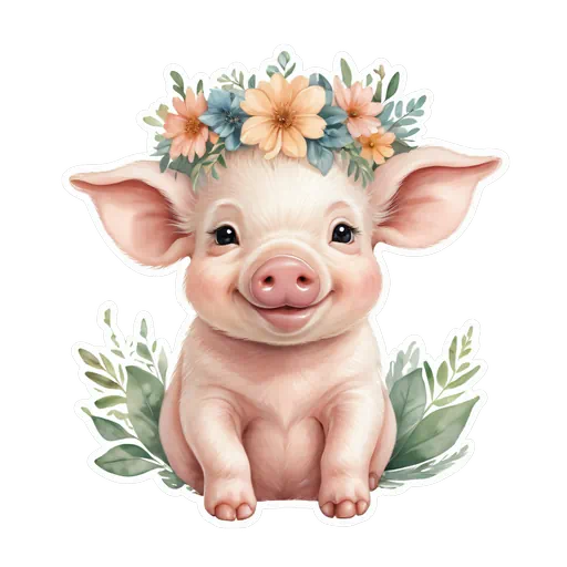 Adorable smiling baby piglet wearing a colorful floral crown surrounded by green leaves in a soft watercolor style.