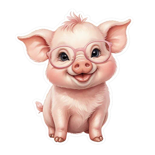 Cute pink baby piglet wearing oversized pink glasses in a detailed 3D illustration style on white background.