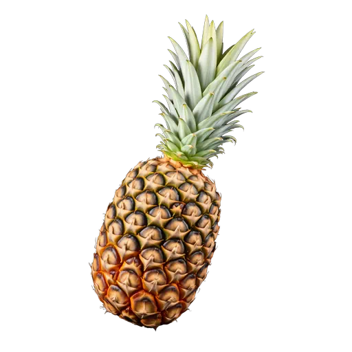 Fresh whole pineapple with golden-yellow skin and green crown isolated on white background, studio fruit photography.