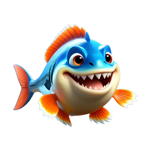3D animated blue piranha character with orange fins and sharp white teeth, smiling friendly cartoon fish illustration.