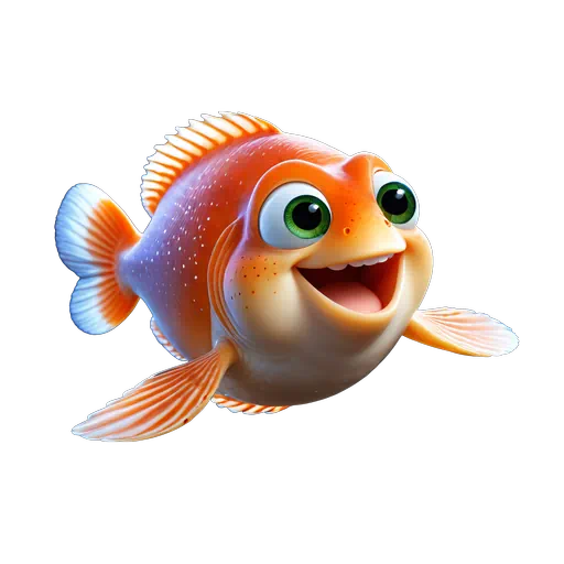 3D animated orange fish character with large green eyes and a cheerful smile, vibrant sea life illustration.