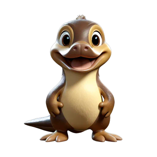 Cute 3D animated brown and tan platypus character smiling and standing upright.