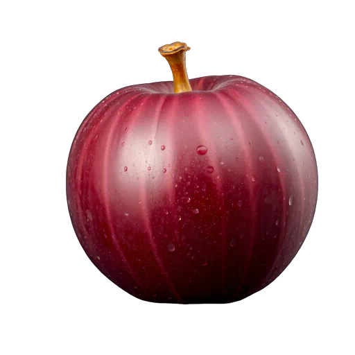 A fresh dark red plum with water droplets and vertical ridges, isolated on a white background.