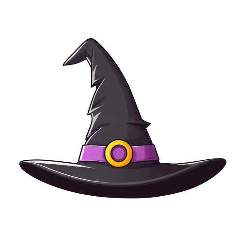Cartoon style black pointy witch hat with a purple band and gold buckle on a white background.