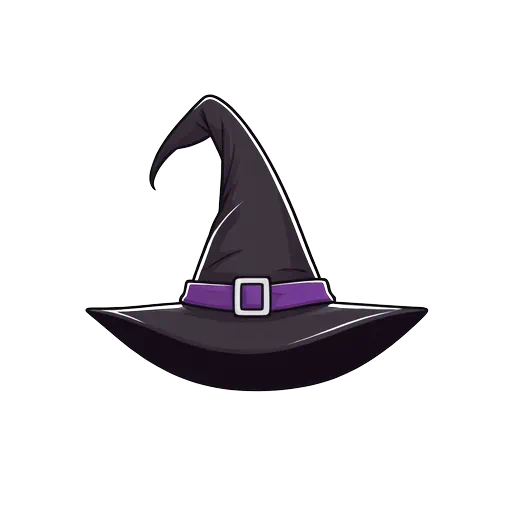 Cartoon style black pointy witch hat with purple band and buckle illustration on a white background.