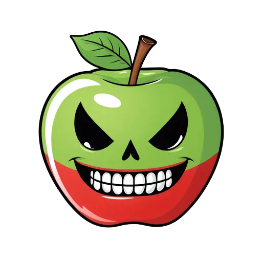 Cartoon poison apple with a skull face, split green and red colors, glossy finish, and evil grin.