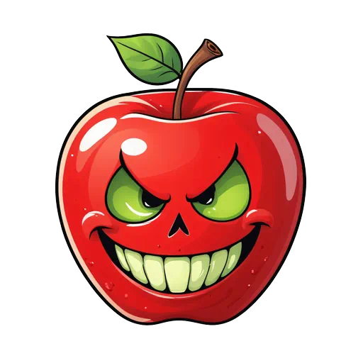 Vibrant red poison apple with an evil skull face, glowing green eyes, and cartoon illustrative style.