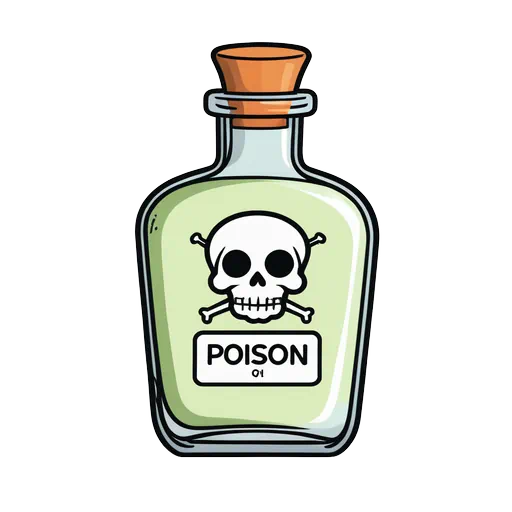Cartoon glass poison bottle with green liquid, cork stopper, and skull crossbones icon in a sticker style.