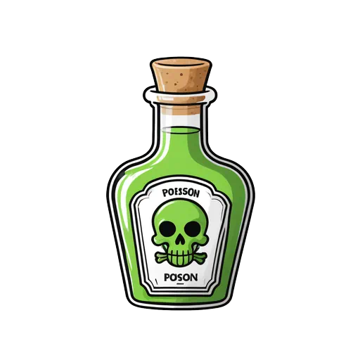 Cartoon green poison bottle with skull label and cork stopper, vibrant sticker style illustration on white background.