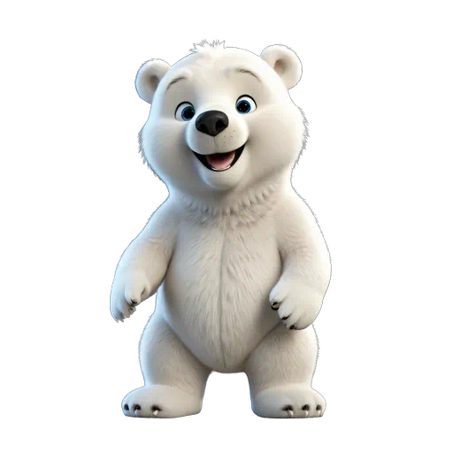 Adorable 3D animated white polar bear cub with blue eyes and a friendly smile standing, cartoon animal illustration.