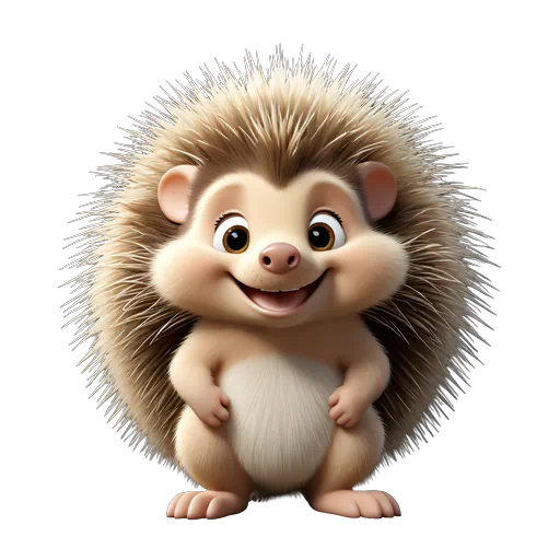 Cute 3D animated porcupine character with tan fur and sharp white quills, smiling on a white background.