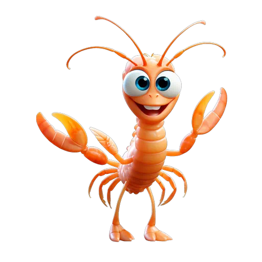 Friendly 3D cartoon orange prawn with large blue eyes and a smiling face, part of a sea life collection.