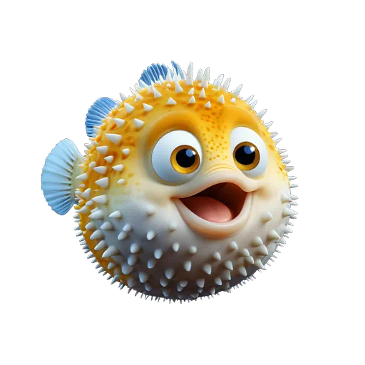 Cute 3D animated yellow pufferfish with white spikes, light blue fins, and large eyes.