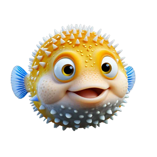 3D animated yellow pufferfish character with white spikes, big eyes, and blue fins on a white background.
