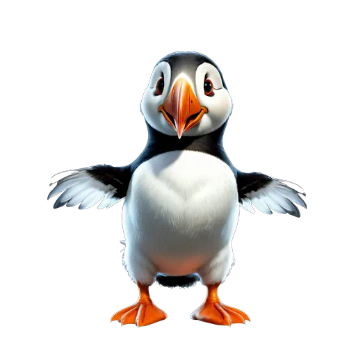 Cute 3D illustration of a puffin with orange beak and outstretched wings, black and white feathers, facing forward.