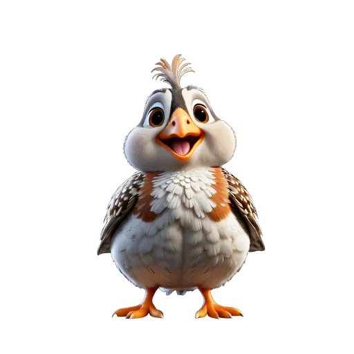Cute 3D animated baby quail with fluffy white and brown feathers, orange beak, and large friendly eyes.
