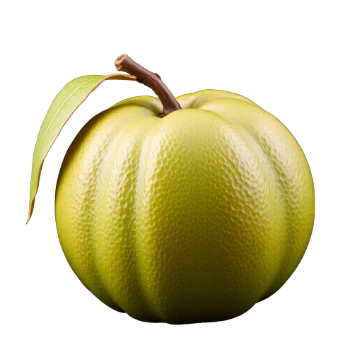 Whole ripe yellow-green quince fruit with a brown stem and green leaf on a clean white background.