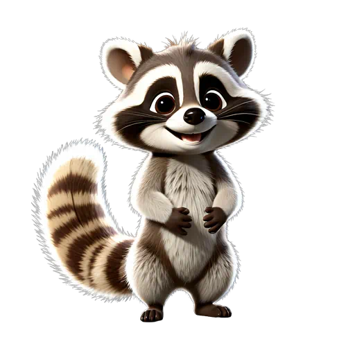 Cute 3D cartoon raccoon character with brown and white fur, big eyes, and a bushy striped tail.