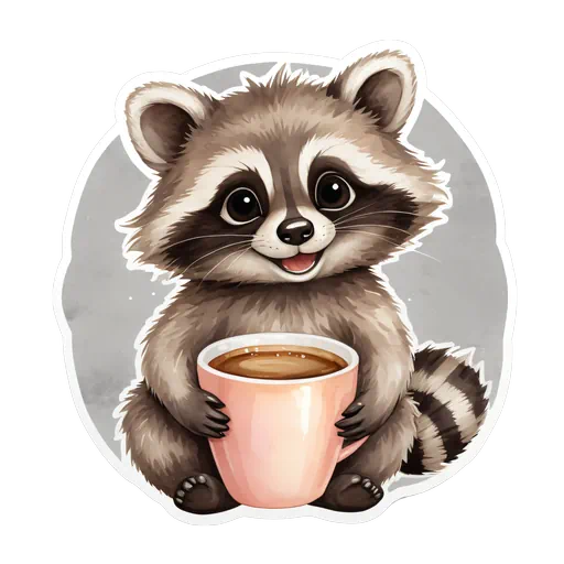 Cute watercolor baby raccoon holding a pink coffee mug in a circular sticker style with white border.