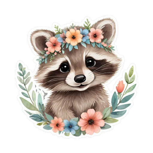 Cute watercolor raccoon wearing a floral crown with peach and blue flowers in a sticker style.