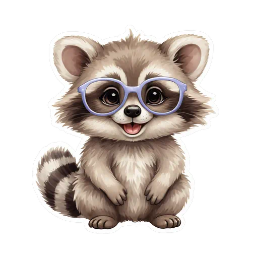 Cute illustrated baby raccoon wearing oversized purple glasses with a white border sticker style on a plain background.