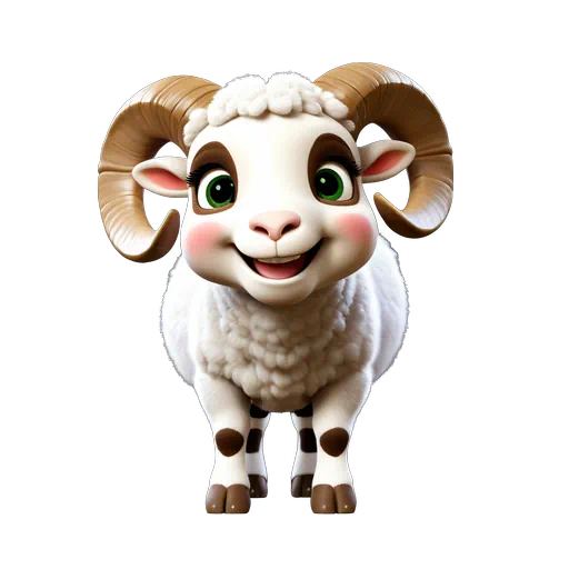 3D animated white ram with large curved tan horns, green eyes, and a friendly smile.