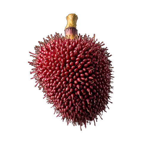 A single vibrant red rambutan fruit with soft spines and a small stem, isolated on a white background.