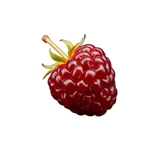 Single vibrant ruby red raspberry with a small green stem, isolated on a white background.